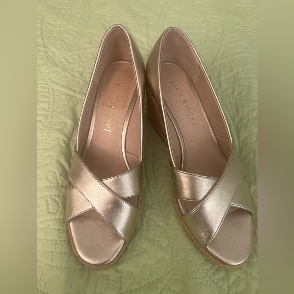 JACK ROGERS Gold Padded Metallic Palmer Round Toe Wedge Espadrille‎ Shoes 8